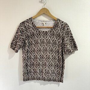 Talbots Sweater Shirt M Brown White Knit Short Sleeve Geometric Cotton Boho